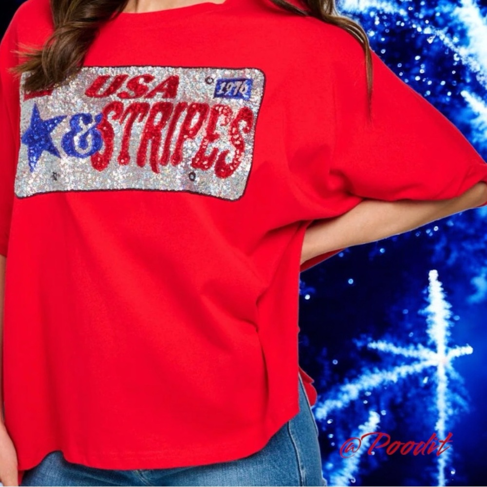 FANTASTIC FAWN Red USA Stars & Stripes Women's oversized Top S M L - Picture 3 of 8